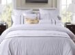 Luxury 100% cotton hotel bedding set on a modern hotel bed in white